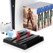 PS5 Charger Station, PS5 Cooling Fan Stand, PS5 Charger Stand with Controller Charger, PS5 Vertical Stand with Cooling Fan and LED Indicator, 3 Levels Adjustable Fans Speed, 12 Game Rack Organizer