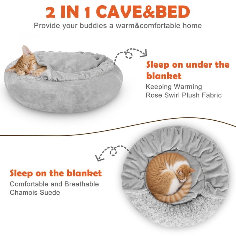 Small Dog Bed Cat Bed with Hooded Blanket, Cozy Cuddler Luxury Puppy Pet Bed, Donut Round Calming Anti-Anxiety Dog Burrow Cave Bed, Machine Washable, Anti-Slip Bottom, Gray, 23inch