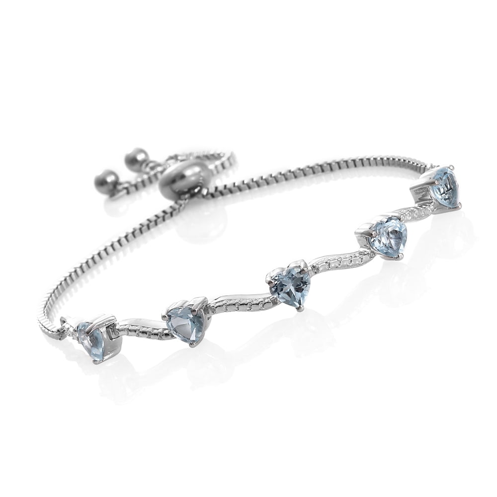 Sky Blue Topaz Silver Steel Heart Bar Bolo Bracelet Adjustable Cttw 2