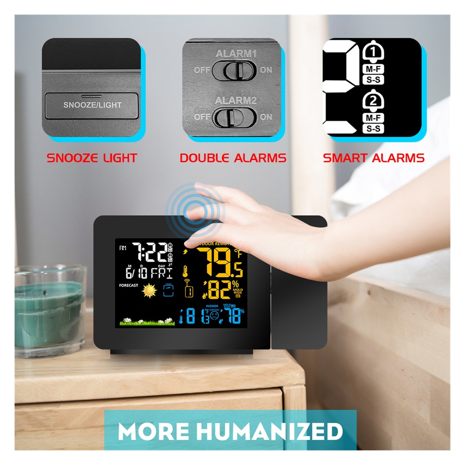 3 Outdoor Sensors Projection Alarm Clock Weather Station Colorful Backlight With Humidity in/outdoor Temperature Time Projector ,Easy to Operate