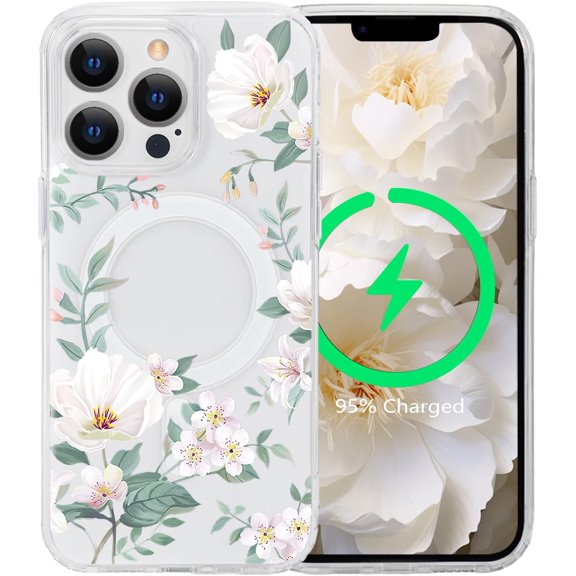 for iPhone 13 Pro Flower Magnetic Case Compatible with MagSafe Floral Pattern Clear Shockproof Hard PC Back Soft TPU Edge Slim Cover for Girls Women iPhone 13 Pro 6.1 inch, Magnolia