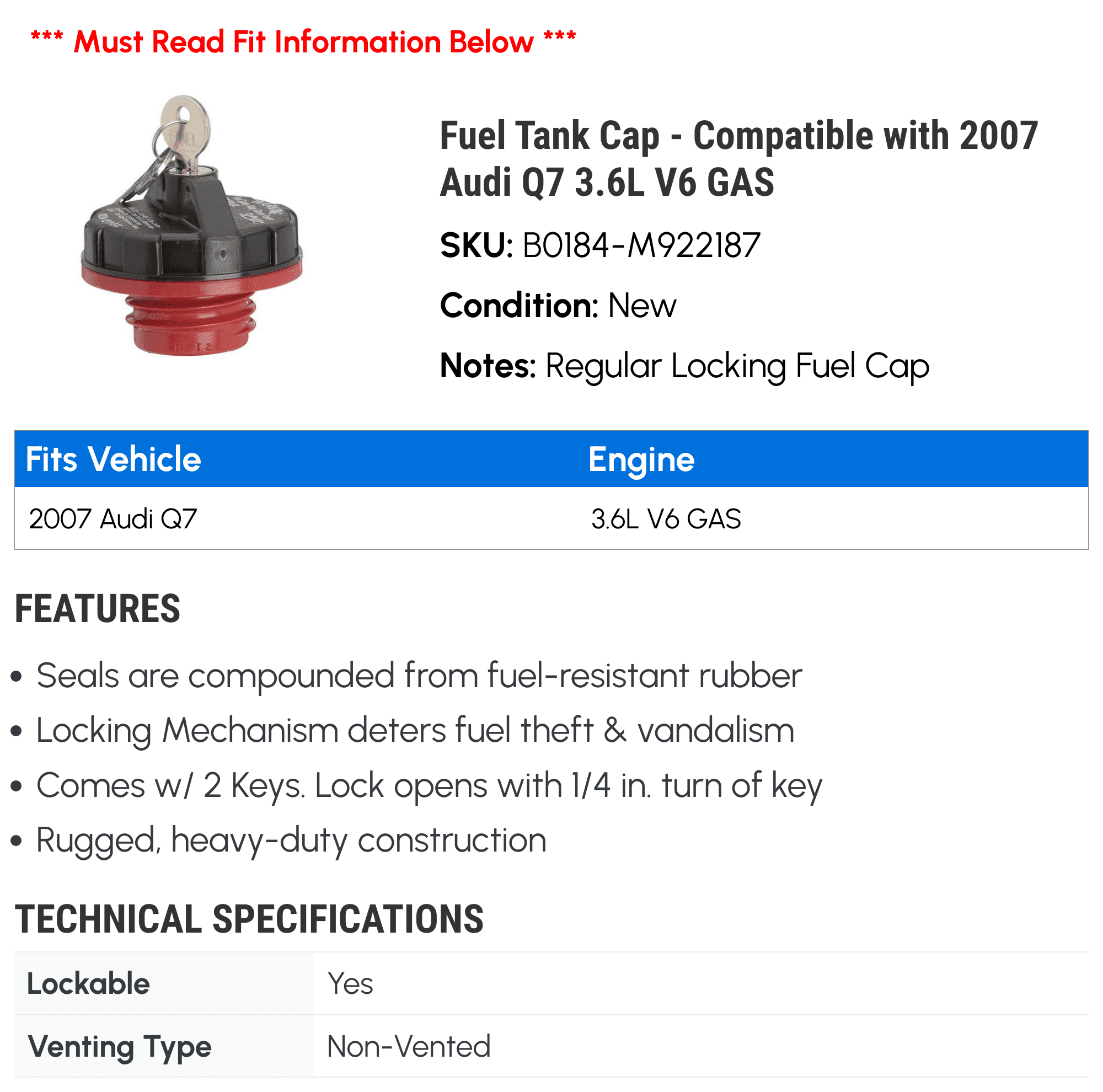 Fuel Tank Cap - Compatible with 2007 Audi Q7 3.6L V6 GAS - Gates