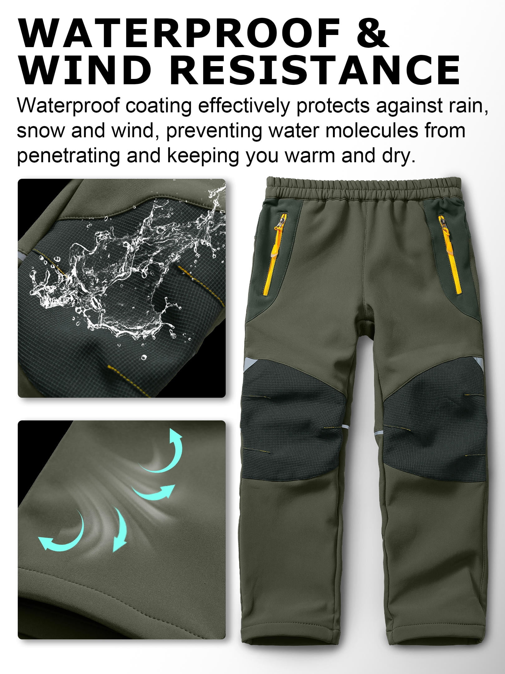POENTAB Boys Snow Pants, Girls Kids Youth Outdoor Fleece-Lined Expandable Waist SoftShell Fishing Ski Insulated Pant Green Size 8-9
