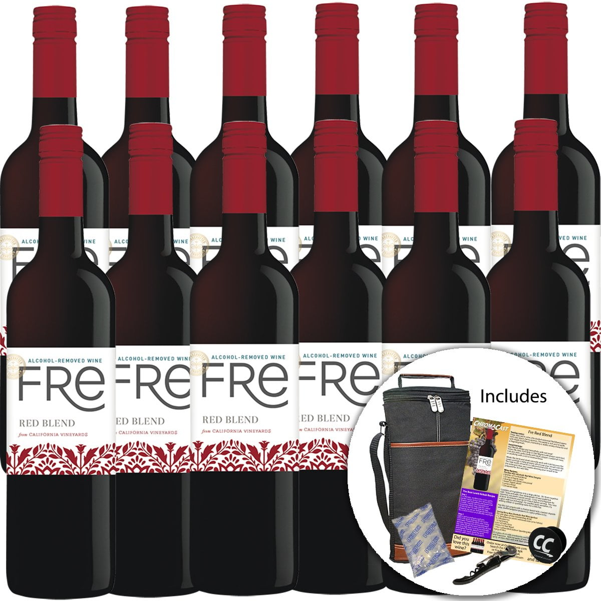 Sutter Home Fre Red Blend Non-Alcoholic Red Wine Experience Bundle with Wine Travel Cooler Bag, Ice Packs, Corkscrew, ChromaCast Pop Socket, Seasonal Wine Pairings & Recipes, 12/750ML 12-Pack