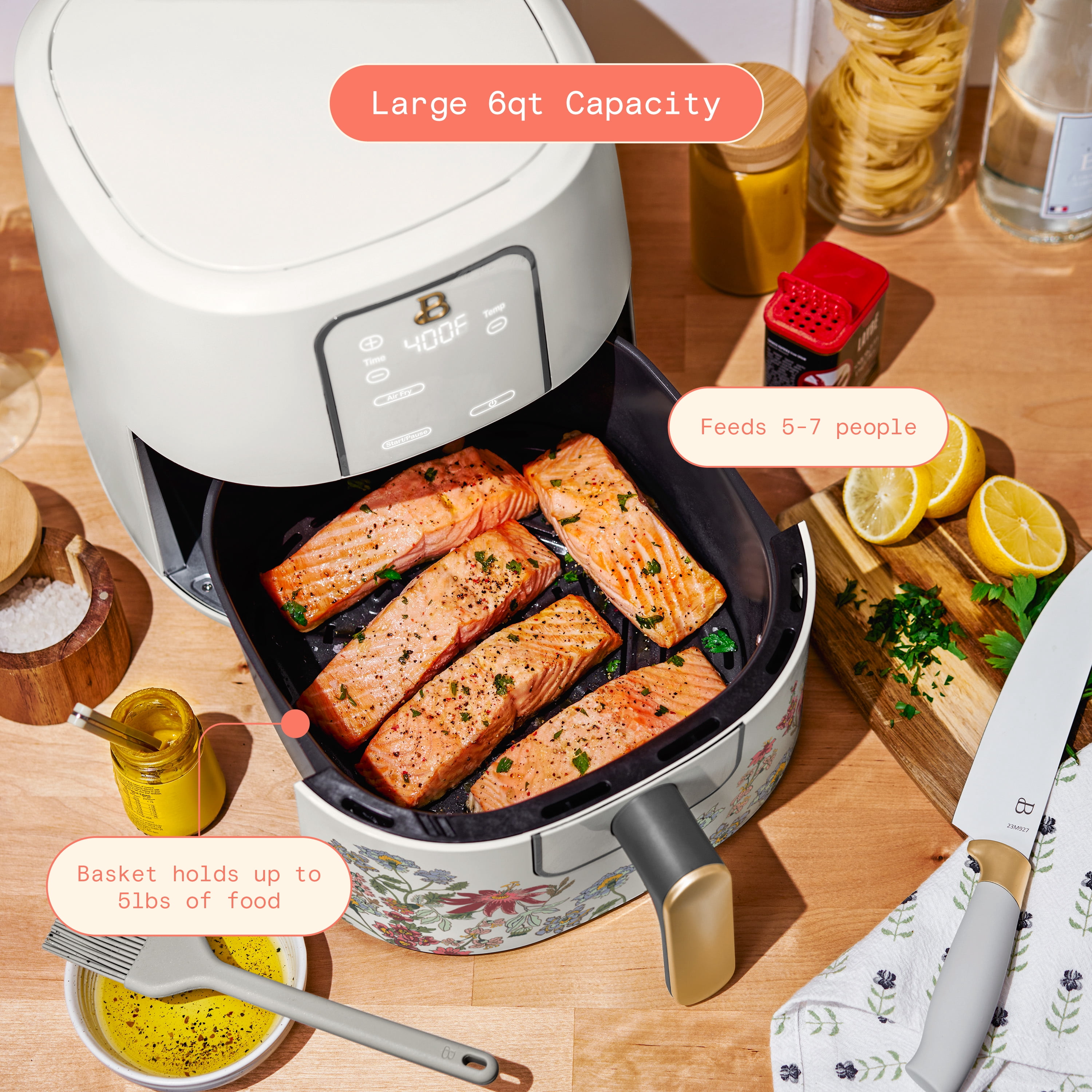 Beautiful 6 Qt Air Fryer with TurboCrisp Technology, EverGood Ceramic Nonstick Coating, Wildflower White Icing by Drew Barrymore