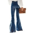 thumbnail image 2 of Women's Elastic Waist Destroyed Flare Long Bell Bottom Denim Jeans, 2 of 8