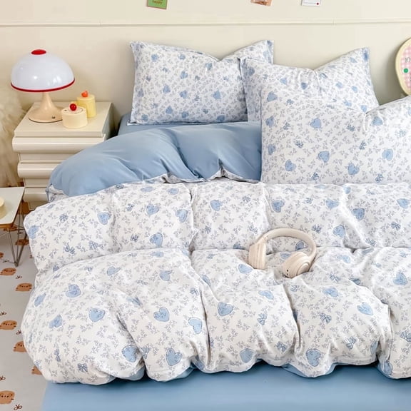 3-Piece Summer Garden Bowknot Hearts Pattern Duvet Cover Set Floral Cottagecore Flower Shabby Chic Cute Aesthetic, Soft Lightweight Bedding for Women Teen Girls,Blue, Full Size