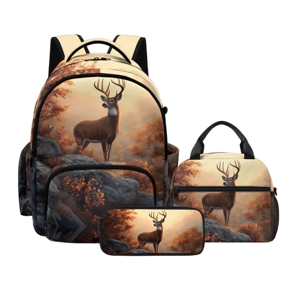 Kuiaobaty Deer Tree Print Backpack and Lunch Box Set for Girls Boys Insulated Lunch Bag Pencil Case with Zipper Lightweight Backpack and Pencil Bag for School Camping Picnic