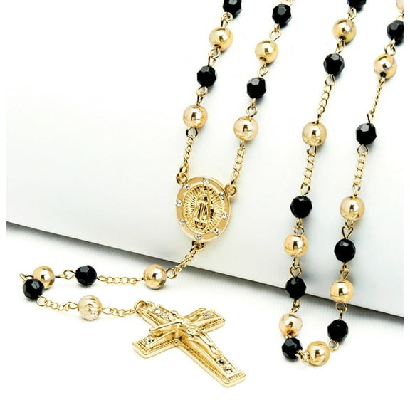 Hip Hop Iced 14k Gold Plated 6mm Bead Guadalupe & Jesus Cross 28" Rosary Necklace HR 600 GGBK