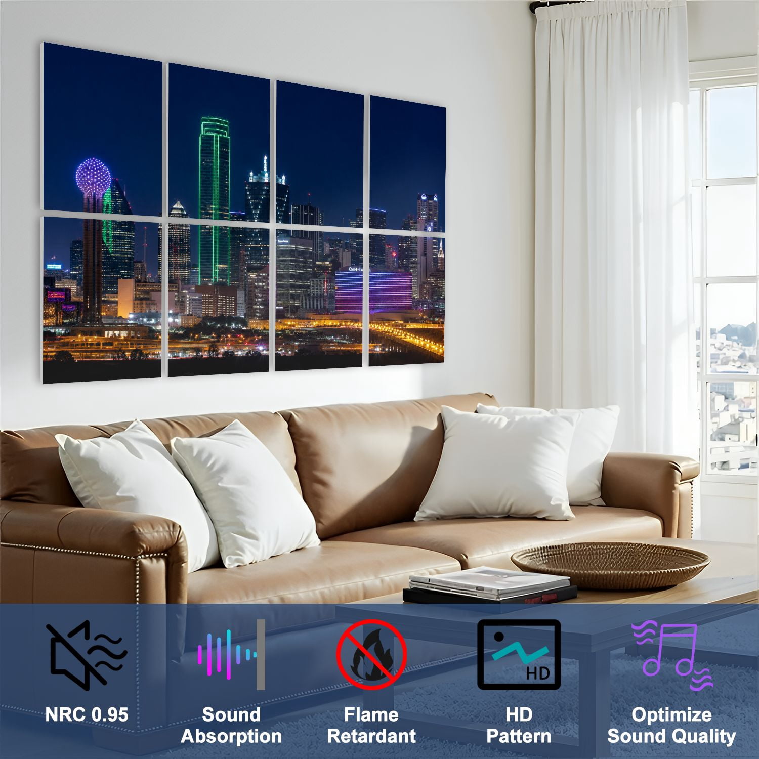 8 Pack Art Acoustic Panels Sound Absorbing Skyline Dallas Texas Decorative Soundproof Wall Panels Self Adhesive for Nursery Game Room Bedroom 48"x32"