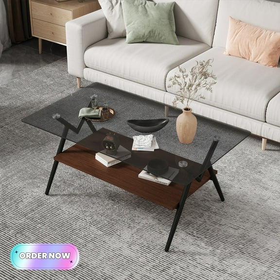 Tcbosik 2-Tier Coffee Table with Storage Shelf, Modern Accent Table with Glass Top and Metal Legs, Rectangle Tea Table for Home Office, Gray Walnut