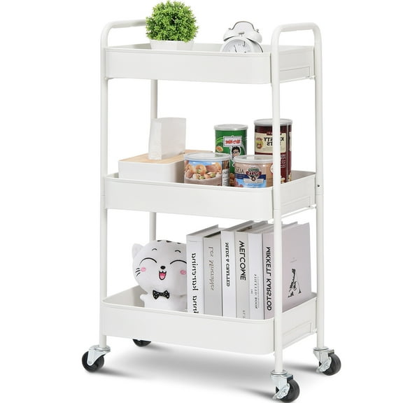 KK KINGRACK 3-Tier Rolling Cart, Metal Utility Cart with Wheels ,Office School Organizer, White