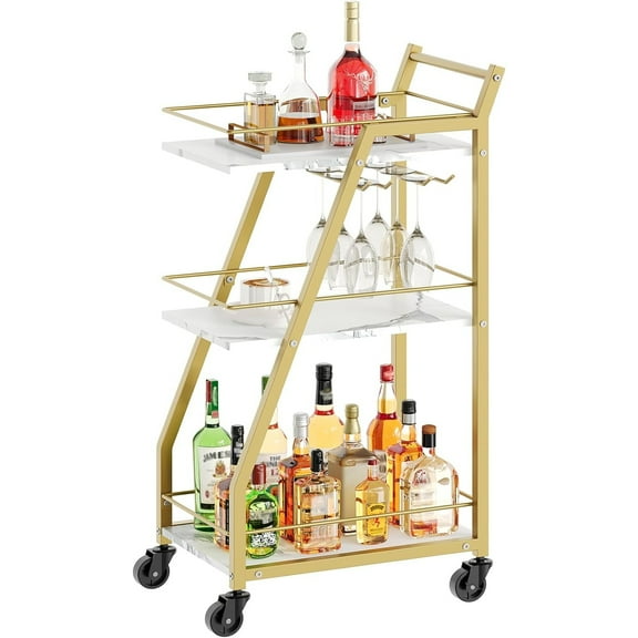Bar Cart, Gold Bar Cart for The Home, Small Bar Cart on Wheels, Beverage Cart, Home Bar Serving Cart with Glass Holder, Drink Cart for Bar, Kitchen, Dining, Marble White and Gold