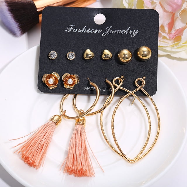 Fiudx Juego de Pendientes de Diamantes de Imitación, 6 Pares de Elegantes Gotas de Perlas de Cristal, Diseño Elegante de Aleación de Oro, Perfecto para Bodas, Compromisos y Fiestas, Accesorio de Moda