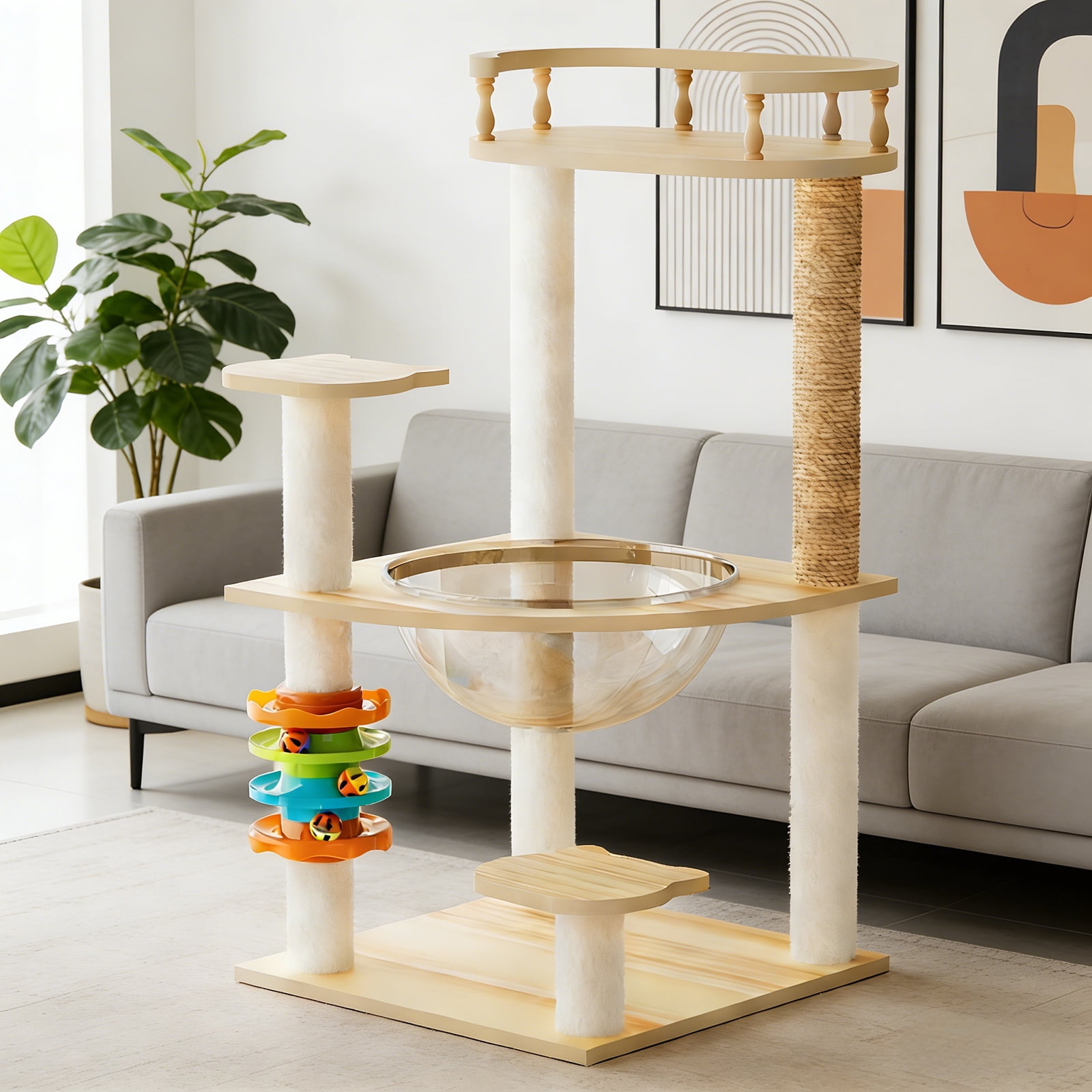 32.2 Inch Modern Wood Cat Tower, Cat Tree with Sisal Scratching Posts, Top Perch, Acrylic Hammock & Toys, Indoor Activity Condo for Small Large Cats