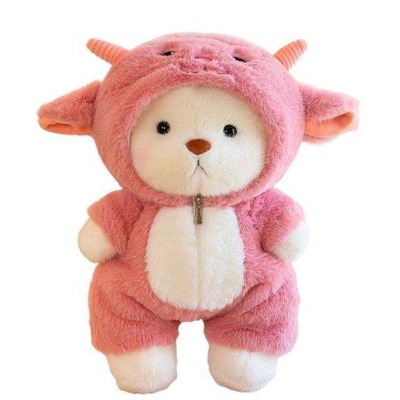 Dressed Teddy Bear Plush Toy with Movable Joints and Removable Pink Monster Costume for Imaginative Play, 12 Inch