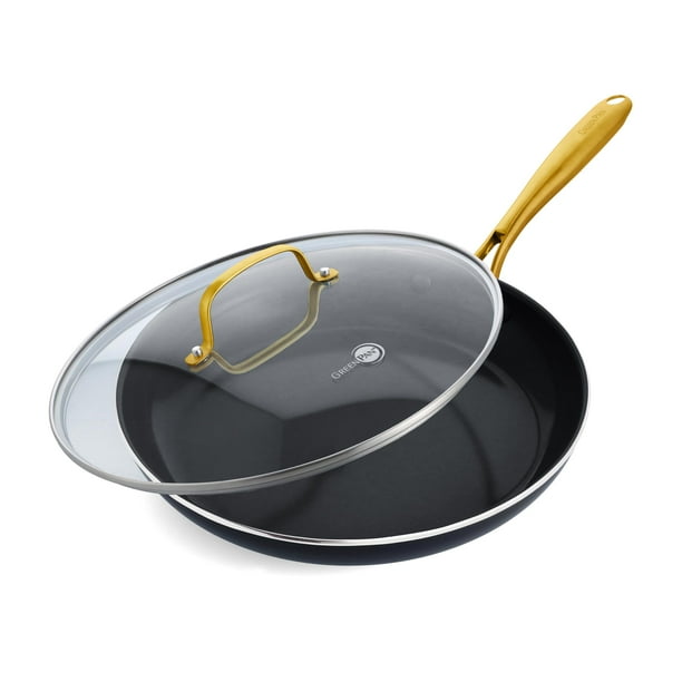 Sartén GreenPan Swift Cookware de 30 cm con tapa de vidrio, revestimiento antiadherente de cerámica, aluminio de gran espesor, mango de acero inoxidable dorado, libre de PFAS, apta para lavavajillas y