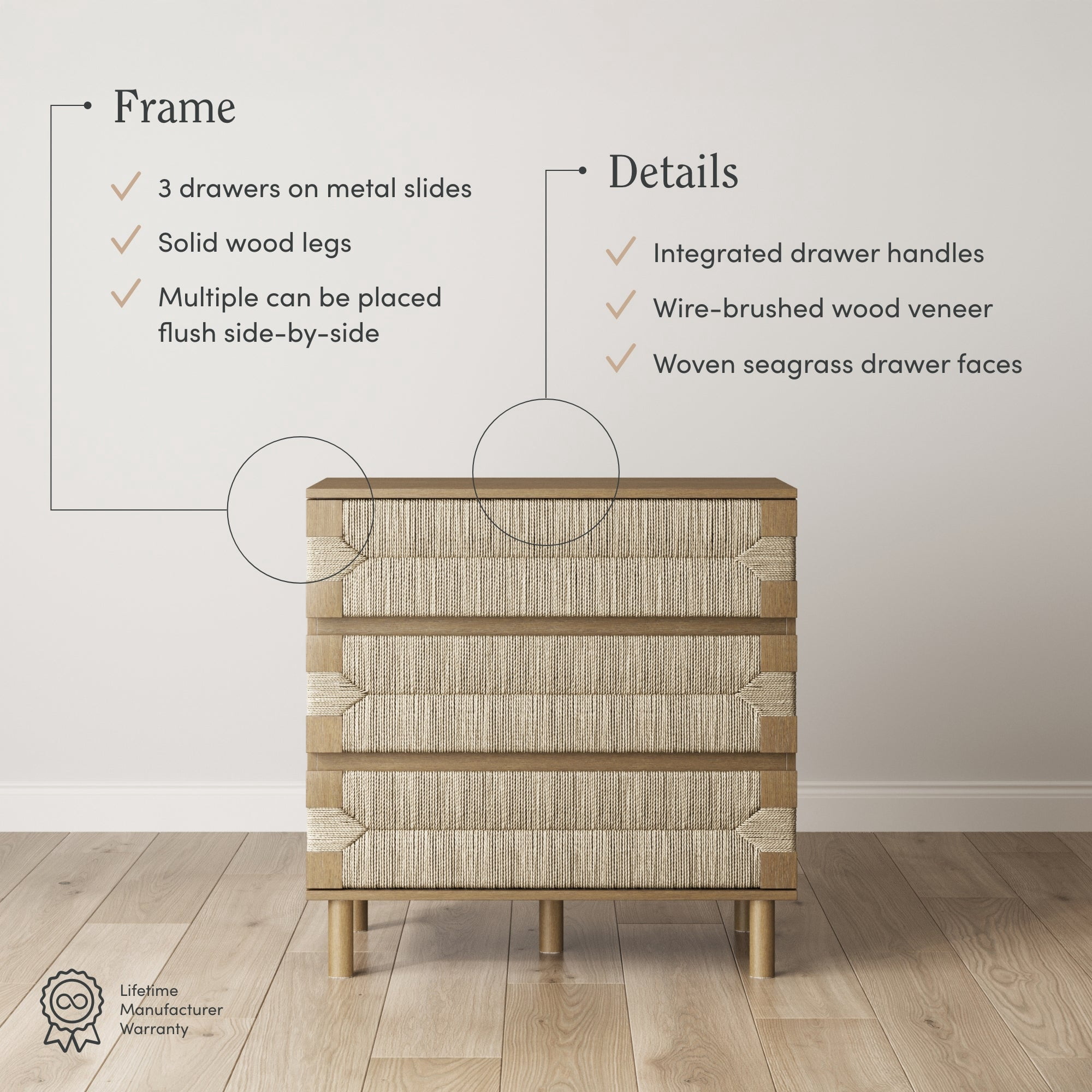 Nathan James Beacon 3 Drawer Dresser, Light Brown Boho Dresser, Bohemian Woven Seagrass Bedroom Dresser