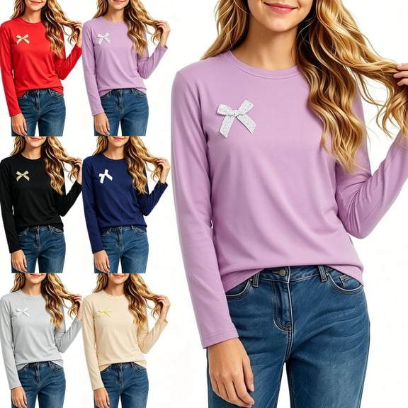NAISIBABY Girls T-shirts Size 10, Bowknot Long Sleeve Round Neck Casual Fashion Autumn Tops Purple