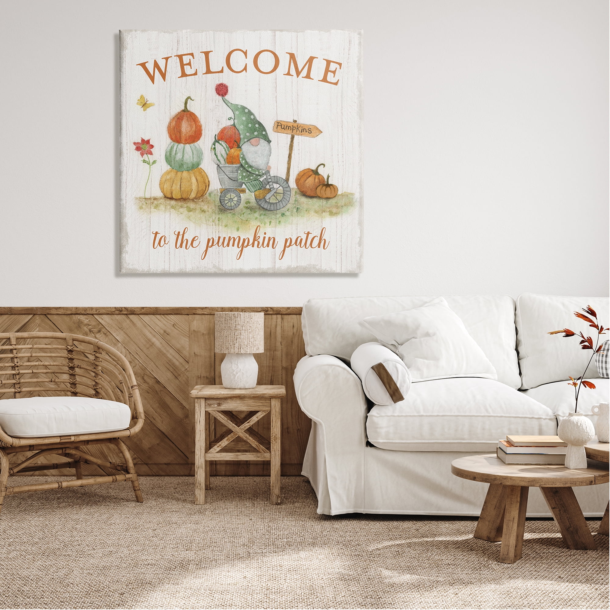 Stupell Industries Welcome Pumpkin Patch Gnome Fairy Tales & Fantasy Painting Gallery Wrapped Canvas Art Print Wall Art, 36 x 36