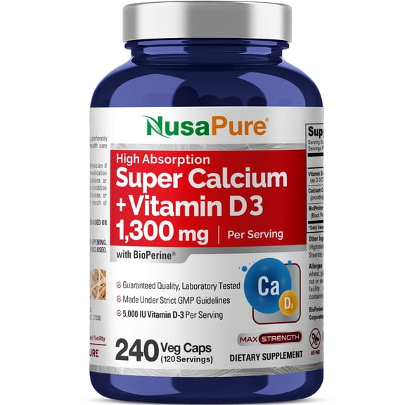 NusaPure Super Calcium with Vitamin D 3 & Calcium Citrate - Suitable for Vegetarian/Vegan, Non - GMO - 1300mg - 240 Capsules