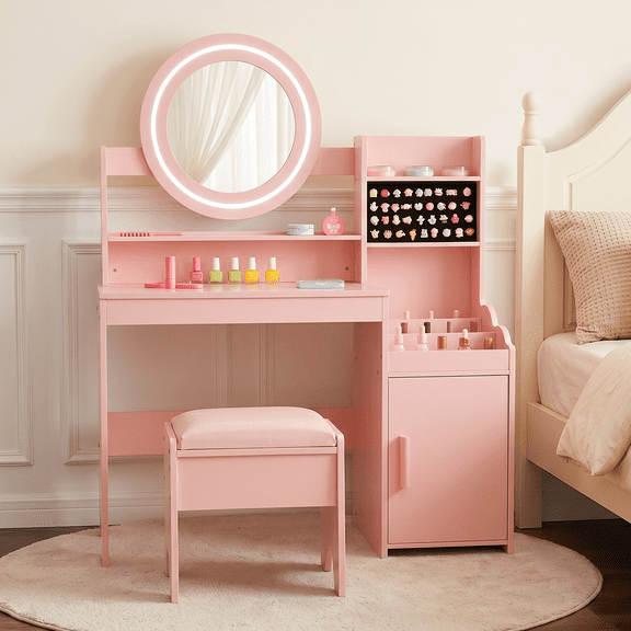 INFANS Kids Vanity with Lights, Princess Makeup Desk with Mirror Storage Shelves, Toddler Table and Chair Set Pretend Play for Girls Aged 4-9