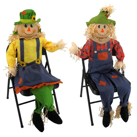 63"& 60" Large Sitting Scarecrow Couple Pair Fall Harvest Porch Decor Decoration 5'