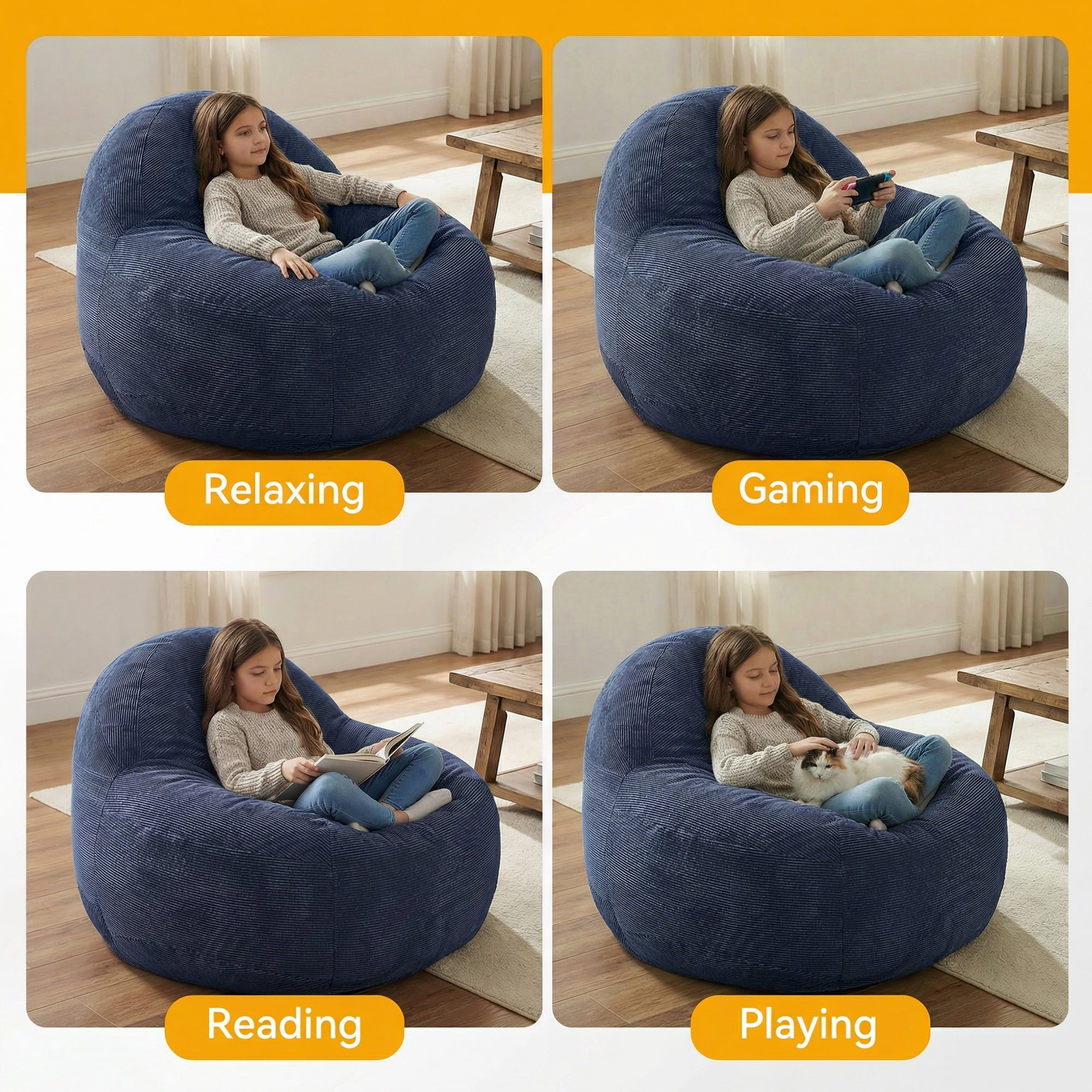 Fluffy Bean Bag Chair with Memory Foam Filler for Dorm, Apartment, or Living Room