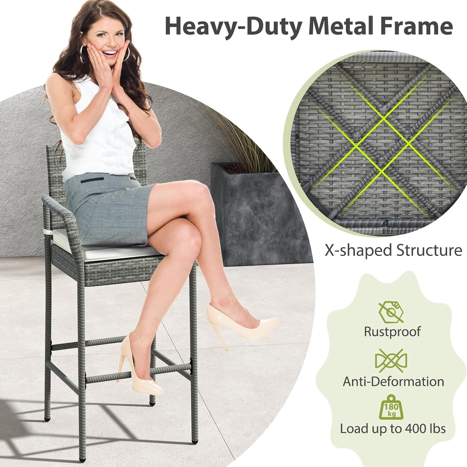 2 Pcs Outdoor Wicker Rattan Patio Bar Stools Counter Bar Height Chairs,Cushions,Mix Gray