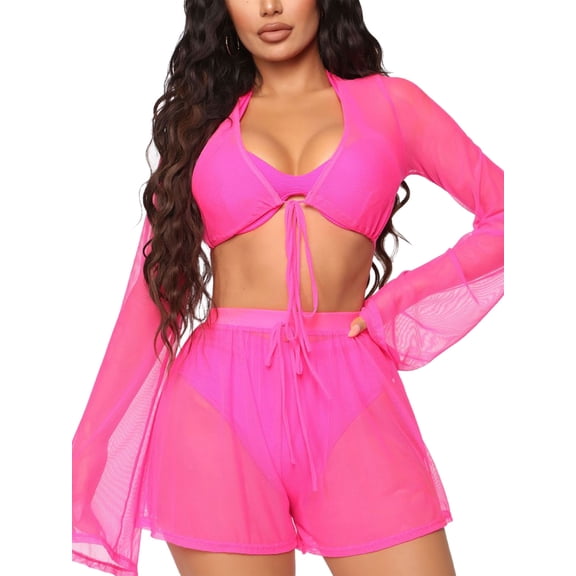 Aunavey Women's Bikini Cover Ups 2 Pieces Summer Mesh Crop Top with Shorts Outfit Set