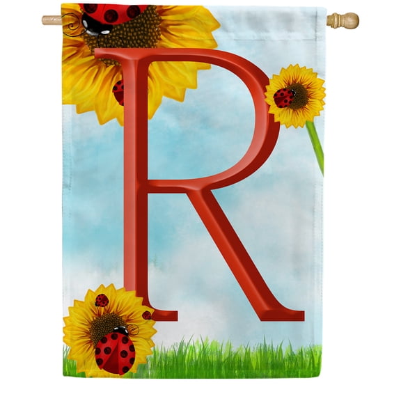 America Forever Summer Sunflower Ladybugs Monogram House Flag Letter R 28 x 40 inches Yellow Floral Spring Double Sided Vertical Outdoor Yard Lawn Decorative Yellow Hello Sunshine House Flag