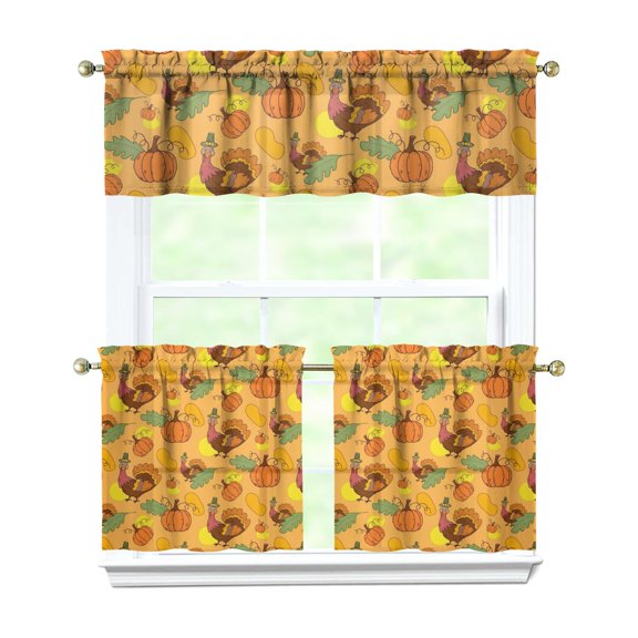 Rod Pocket Kitchen Curtain Set 3-Piece, 27.5x36 Inch Valance & Tier Drapes, Polyester Pongee Cafe Curtains for Living Room, Bathroom, Farmhouse Rustic Country Window Treatments.
