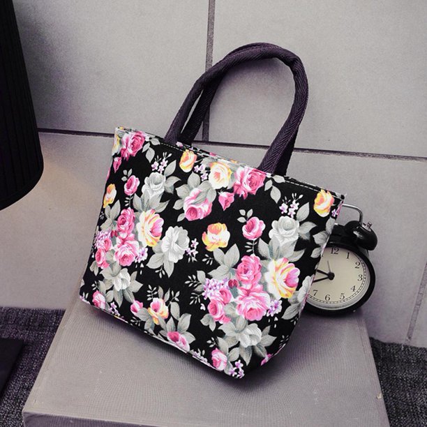 Bolsa Precioso bolso de lona con estampado de flores para mujer, bolso portátil para el almuerzo (negro) JShteea Para Estrenar