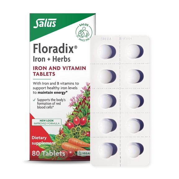 Floradix Iron Tablets - Iron Supplement with B Vitamins, Folic Acid, Vitamin C & More - Energy Support - Vegetarian & Gluten-Free - 80 Tablets (80 Servings)