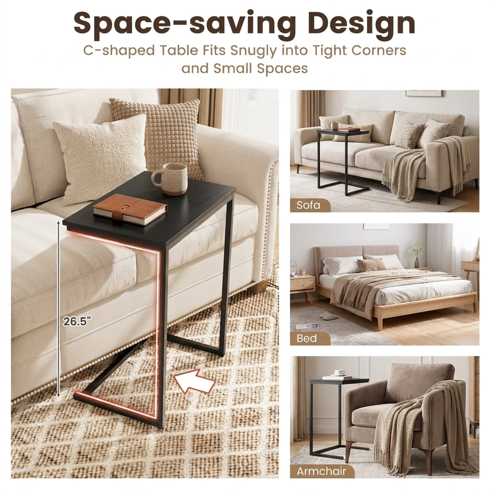 Furnibear C Shaped Side Table Sofa Snack End Table with Sturdy Metal Frame and Wood Grain Top for Living Room Bedroom and Couch, Black