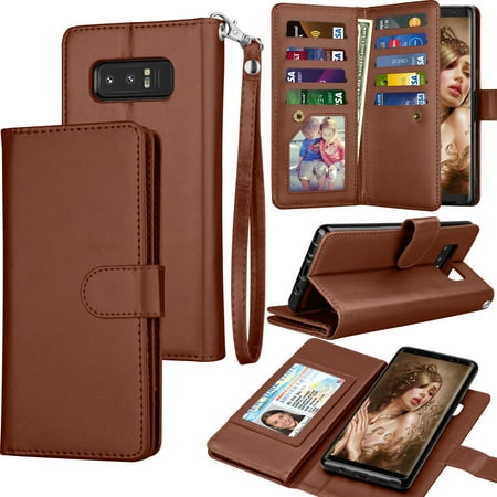 Galaxy Note 8 Case, Note 8 Wallet Case, Samsung Galaxy Note 8 PU Leather Case, Tekcoo Luxury Cash Credit Card Slots Holder Carrying Flip Cover [Detachable Magnetic Hard Case] & Kickstand - Brown