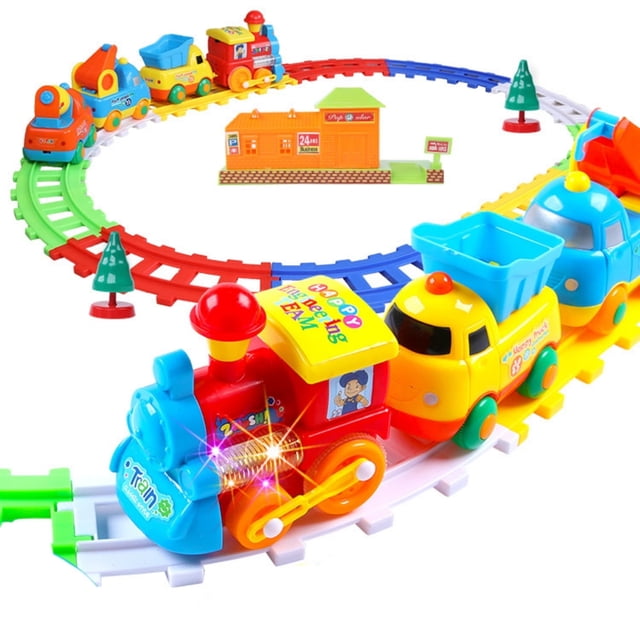 YOPTOP Happy Builders Choo Choo Cartoon Train Set Track Circumference For Kids Battery Operated Toy engineering vehicle towing horse track train set