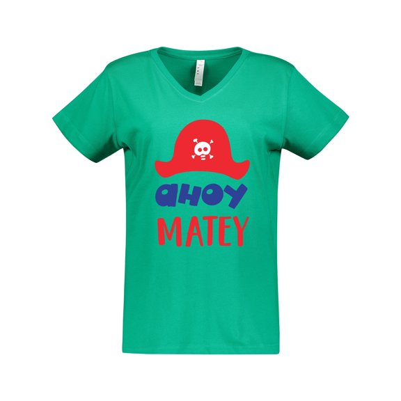 Inktastic Ahoy Matey, Pirate Hat, Skull and Bones - Red Blue Women's V-Neck T-Shirt