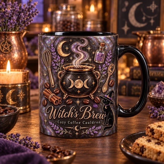 Ceramic Mug Witch Coffee Cauldron Illustration for Cozy Morning Drinks, Halloween Gift