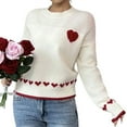 thumbnail image 2 of Women'S Cute Heart Pattern Pullover Crewneck Sweaters Casual Long Sleeve Loose Fall Knitted Jumper Tops White M, 2 of 7