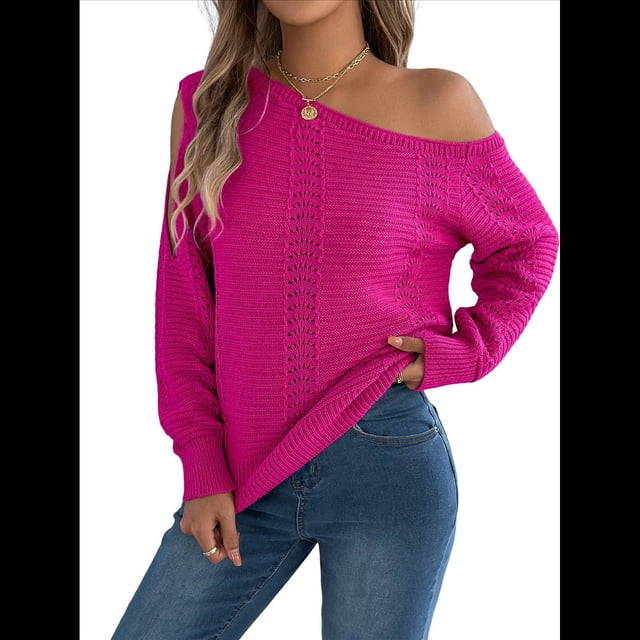 Tops de Crochet para Mujer, Suéteres con Hombros Descubiertos, Ropa de Playa de Punto Calado de Larga de Verano Rosa Roja M