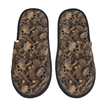 Balery Brown Camouflage Skull Slient Indoor Furry Fleece Comfort House Shoes Soft Non-Slip Home Shoes Cotton slippers House Slippers-- Large