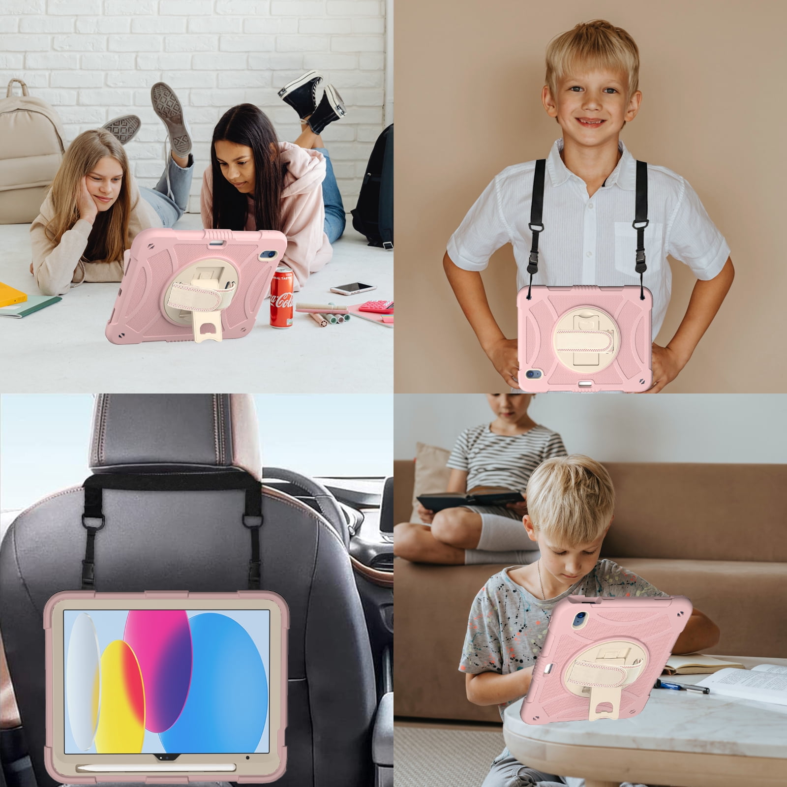 kids Case for iPad (A16) 11th Generation 11 Inch (2025), iPad 10th Generation 10.9 Inch (2022) Case, Military Grade Drop Protection with Hand/Shoulder Strap Rotating Stand Pencil Holder, Rosegold