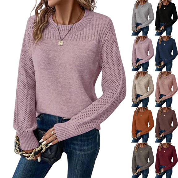 UDAUDU Sweaters for Women Casual Long Sleeve Crewneck Crochet Knit Pullover Sweater Tops Fall Fashion Trendy Outfits Light Purple L