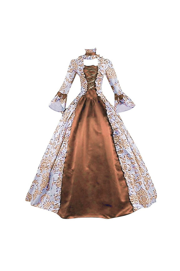 Victorian Dress Women Rococo Ball Gown Vintage Medieval Dress Plus Size Lace Up Cinch Corset Dress Flare Sleeve Wedding Guest Long Gothic Costumes Orange,L