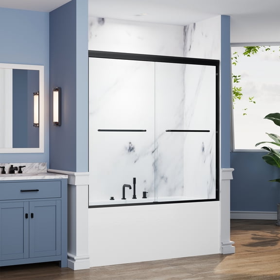Sunrinx Matte Black 56–60" W x 58" H Double Sliding Bathtub Shower Door, Semi-Frameless Bathroom Glass Shower Door, 1/4" (6mm) Tempered Bathtub Glass Sliding Shower Door