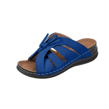 CHOII Women s Solid Color Wedge Casual Beach Shoes Bow Tie Lace-up Sandals for Ladies Anti-slip Sole Slide Slippers Semi-Open Thong Sandals for Women Clearance! Dark Blue/9