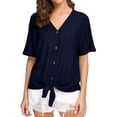 thumbnail image 3 of JWD Womens Waffle Knit Tunic Blouse Tie Knot Short Sleeve Henley Tops Loose Fitting Bat Wing Shirts Navy Blue Medium, 3 of 5