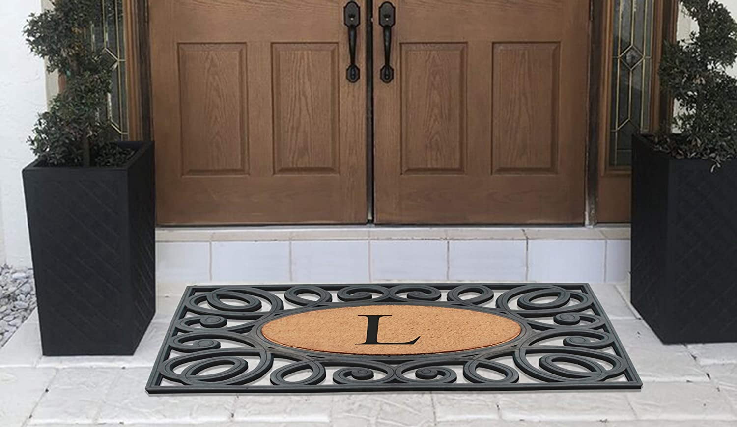 A1HC Elegant Circles Rubber and Coir Mat for Outdoor Entrance Heavy Duty Monogrammed Doormat Black/Beige 23x38