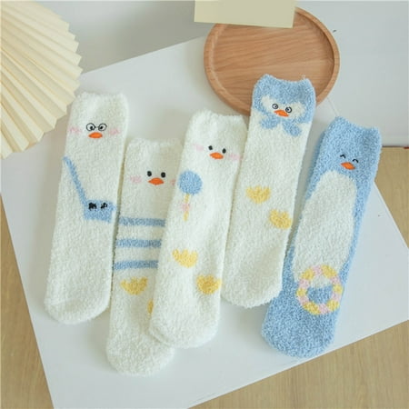 

YSEINBH 5 Pairs Of Women Winter Warm Coral Fleece Socks Cute Duckling Plus Fleece Mid Tube Socks